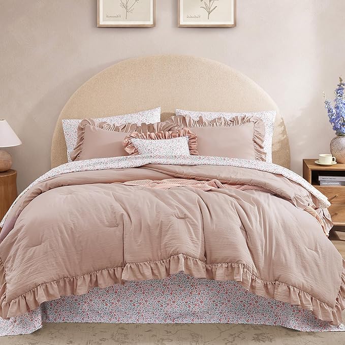 Queen Comforter Set - 7 Pieces Ruffle Pink Bedding Sets, Shabby Chic Farmhouse Bed in a Bag Queen with Ruffle Comforter, Floral Sheets, Pillowcases & Shams-Ruum Studio Home