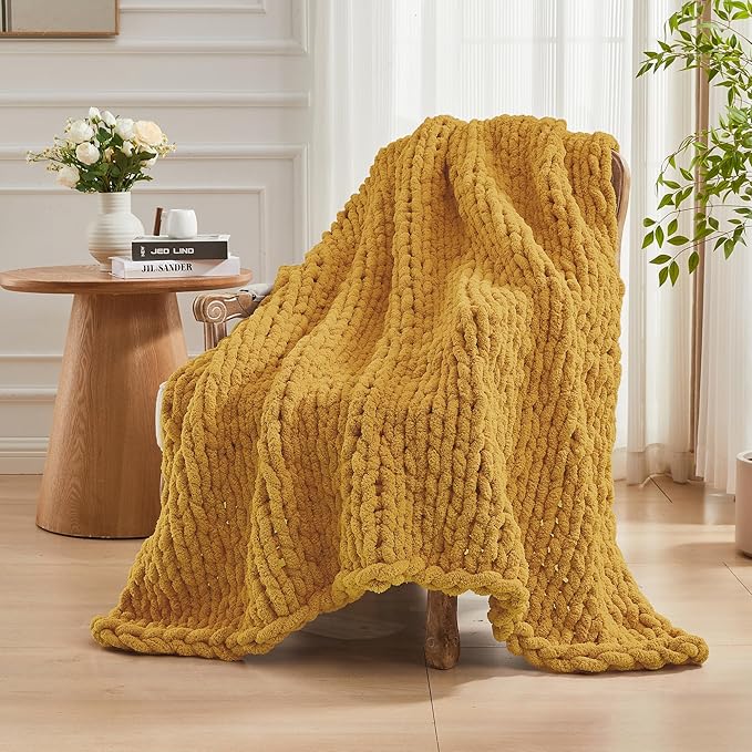 Carriediosa Chunky Knit Throw Blanket 60" X 80" Twin, 100% Hand Made Large Chenille Loop Yarn Soft Fluffy Throws for Couch Sofa Bed, Big Crochet Cozy Heavy Thick Cable Woven Blanket, Yellow-Ruum Studio Home