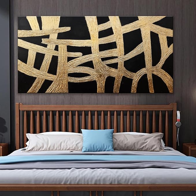 Abstract Wall Art Paintings Wall Decor Large Canvas Wall Art Decor Black And Gold Lines Texture Wall Art Artwork Modern Minimalist Wall Art Living Room For Room Bedroom Office Wall Decor 29"X58"-Ruum Studio Home