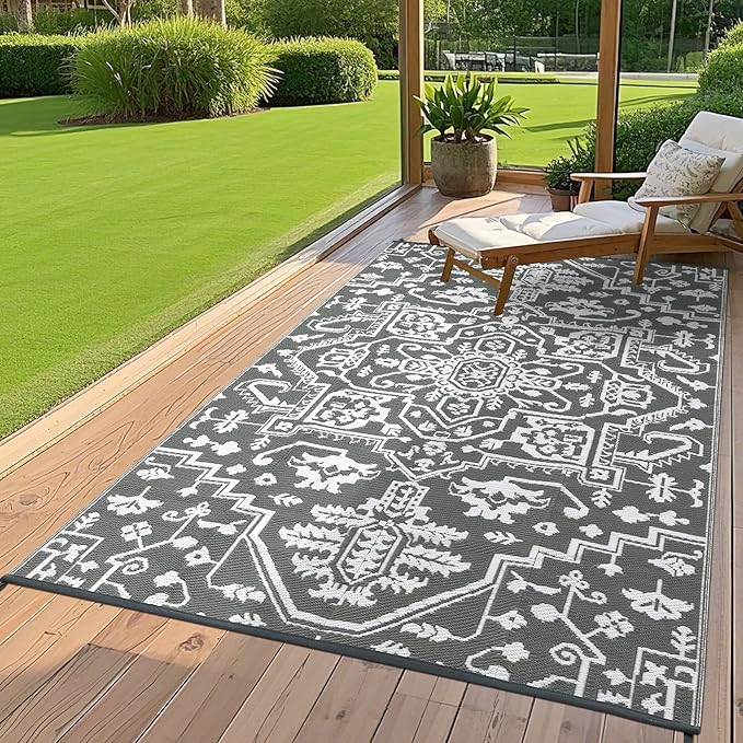 Outdoor Rug 9x12 Waterproof Reversible Plastic Straw Patio Rug, Stain-Resistant Vintage Medallion Carpet, Large Easy-Cleaning Indoor Outdoor RV Mat for Deck, Camping, Balcony, Grey White-Ruum Studio Home