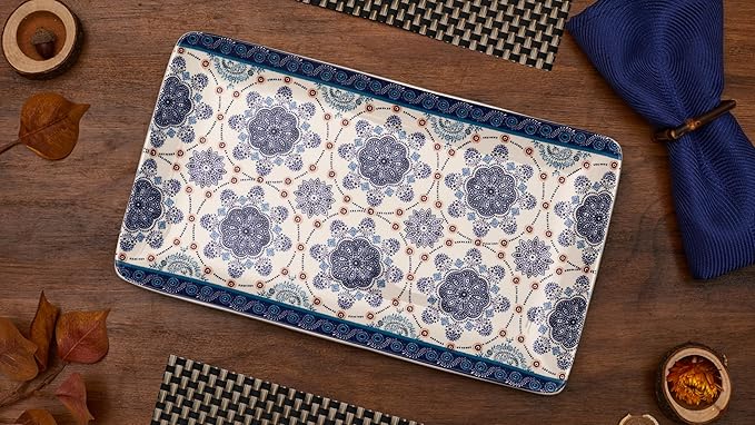 Bico Blue Talavera Ceramic 14 inch Rectangular Serving Platter, Set of 2, for Serving Salad, Pasta, Cheese, Ham, Appetizer, Microwave & Dishwasher Safe-Ruum Studio Home