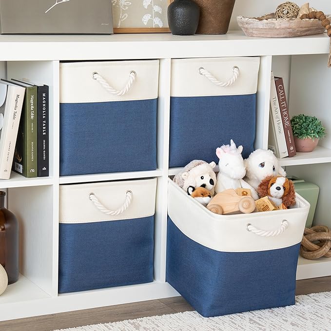 OrganiHaus 13x13 Cube Storage Bins 4 Pack, Foldable Cube Storage Organizer w/ Rope Handles, Collapsible Fabric Bins for Toys, Clothes & Closet Organization, Fabric Square Baskets - Navy Blue-Ruum Studio Home