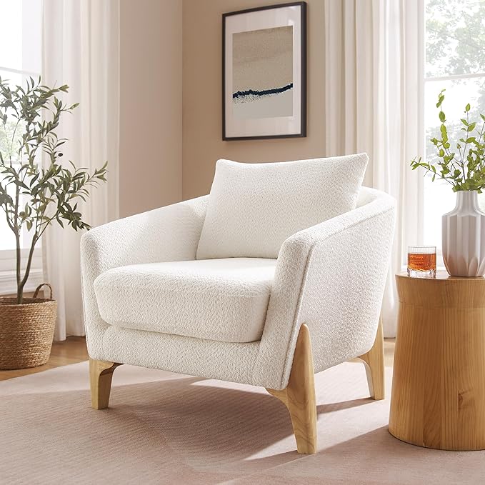 Accent Chair 31" Oversized Reading Chair Comfy Upholstered Boucle Lounge Armchair, Modern Living Room Chair with Back Pillow,Single Sofa Chair for Bedroom, Office (Beige)-Ruum Studio Home