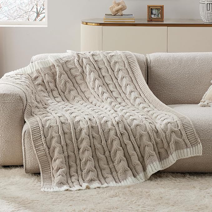 Bedsure Cable Knit Throw Blanket for Couch Bed - Breathable Chenille Chunky Knit Throw Blanket for Decorative Gift, GentleSoft Cozy and Warm for Winter and All Seasons, Beige, 50x60 Inches-Ruum Studio Home