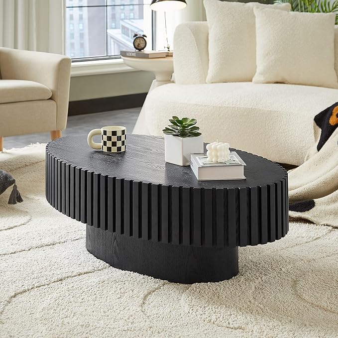 Oval Coffee Table for Living Room, Modern Fluted Coffee Tables with Pedestal Base, Handcrafted Centre Tea Tables Easy Assembly-43.7" Black-Ruum Studio Home