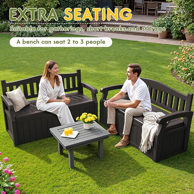 Greesum 80 Gallon Storage Bench Outdoor Deck Box with Armrest, Patio Furniture,Lockable, Waterproof and UV Resistant, Suitable for Garden, Pool, Brown-Ruum Studio Home