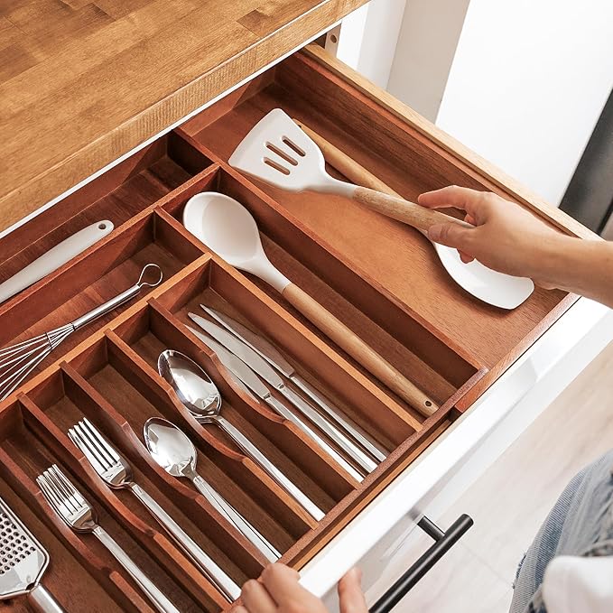 Premium Silverware, Flatware and Utensil Organizer for Kitchen Drawers, Food-Safe Contract Grade, Expandable from 18 to 33 In, Natural Acacia-Ruum Studio Home