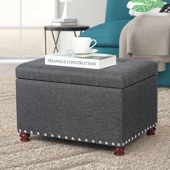 Joveco Storage Ottoman Linen Tufted Bench with Rivet, Rectangular Footrest Stool Coffee Table Seat for Living Room Bedroom, Grey-Ruum Studio Home