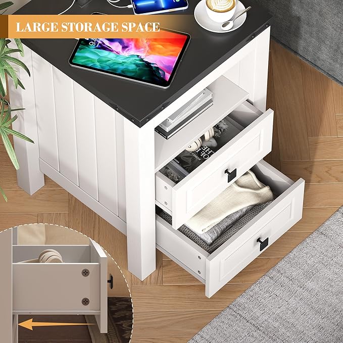 Apicizon End Table, Farmhouse End Tables with Charging Station, Nightstand with Drawers and Storage Cabinet, Wood Coffee Table for Small Spaces, Sofa Side Table for Living Room, Bedroom-Ruum Studio Home