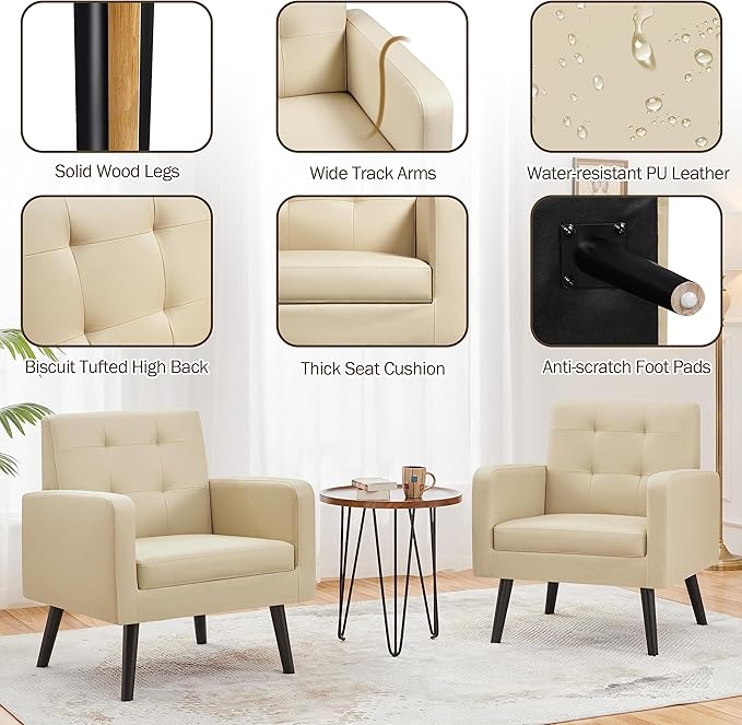 Yaheetech Mid-Century Accent Chairs, PU Leather Modern Upholstered Living Room Chair, Cozy Armchair Button Tufted Back and Wood Legs for Bedroom/Office/Cafe Beige 2PCS-Ruum Studio Home
