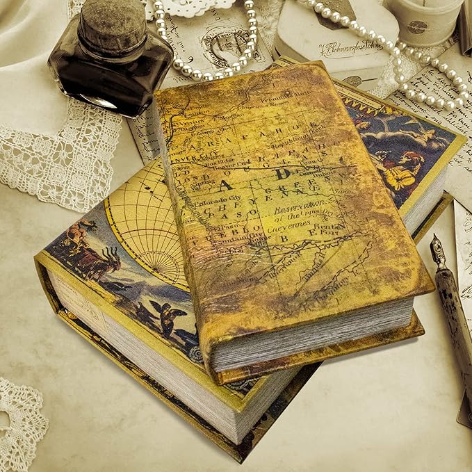 Decorative Book Box Set of 2, Trinket Keepsake Storage Boxes Book Shaped Storage Box Vintage Style Decorative Faux Books Boxes Globe Antique Books for Home Decoration Old World Map Pattern-Ruum Studio Home
