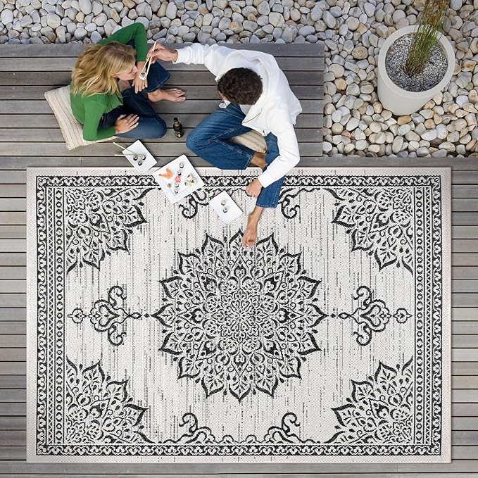 CAMILSON Outdoor Rug, 5x7 Medallion White Black Modern Area Rugs for Indoor and Outdoor Patios, Kitchen and Hallway Mats, Washable Porch Deck Outside Carpet (Medallion White, 5 x 7)-Ruum Studio Home