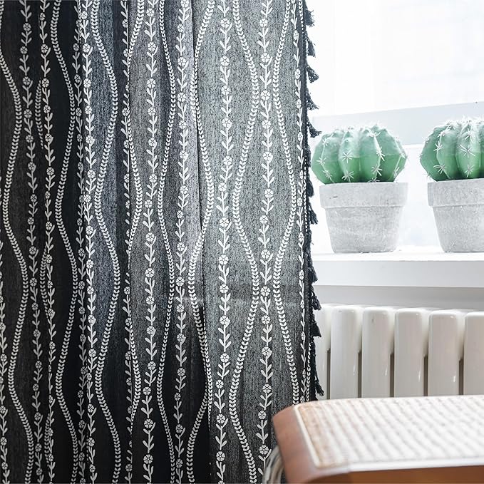Sutuo Home Boho Curtains 84 Inches Long for Bedroom Living Room Nursery, Bohemian Vintage Tassels Window Treatment Drape for Halloween Decorations Rod Pocket, 1 Panel 59"W x 84"L,Black Stripe Floral-Ruum Studio Home
