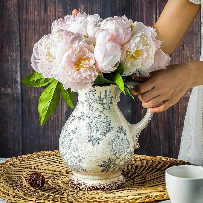 Enra Large Vintage Blue and White and Pitcher for Home Decor, 9.7 Inch Rustic Chinoiserie Decorative Vases, Green and Beige Ceramic Vases for Living Room, Kitchen, Office – Large Vases for Decor-Ruum Studio Home