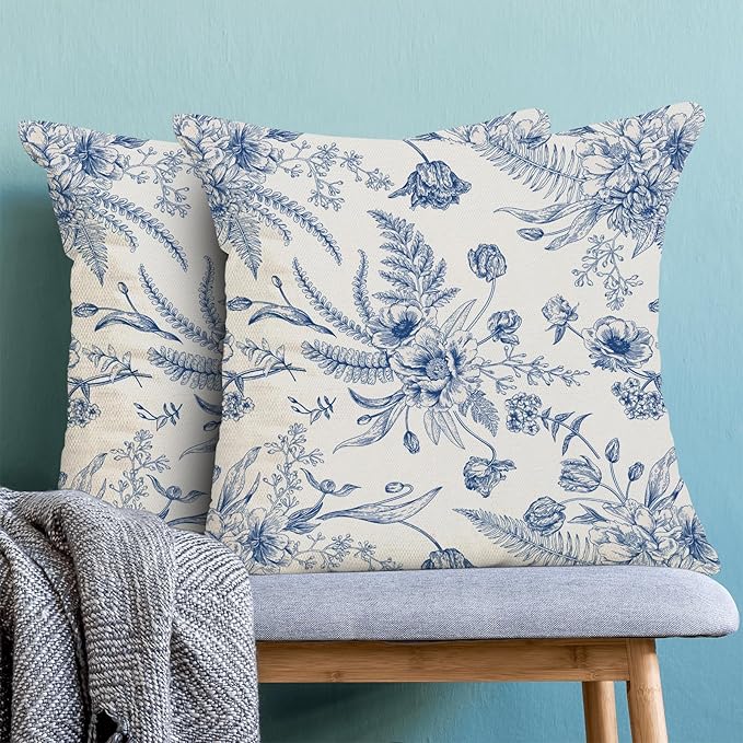 CXMEIFLY Spring Floral Leaves Pillow Covers 22 x 22 Inch Set of 2 for Chinoiserie Flowers Decor Throw Pillows Blue and White Seasonal Plant Outdoor Decorative Cushion Cases for Couch Bed Decorations-Ruum Studio Home