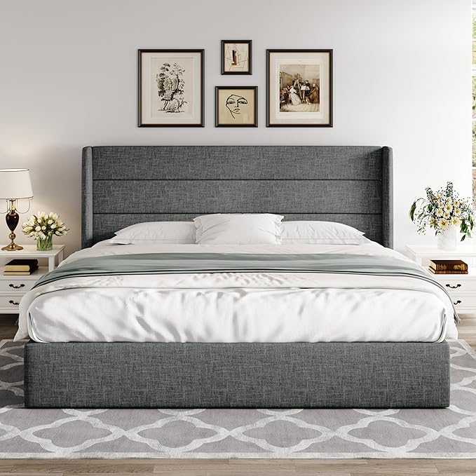 Allewie King Size Lift Up Storage Bed, Modern Wingback Headboard, Hydraulic Support, No Box Spring Needed, Dark Grey-Ruum Studio Home