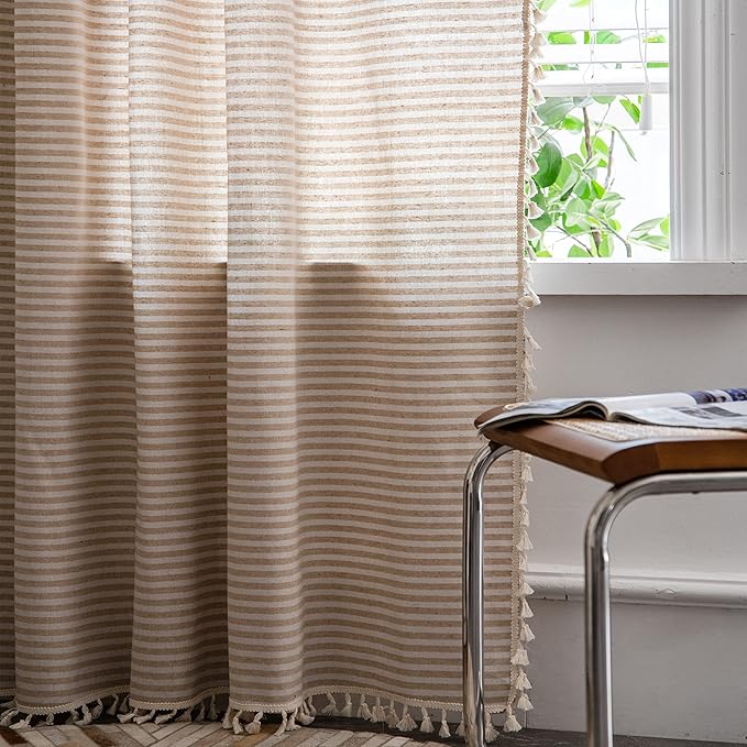 Sutuo Home Boho Curtain 84 Inches Length, Beige Stripes Print Curtain with Handmade Tassels, Rod Pocket Window Treatment Vintage Rustic Bohemian Farmhouse Drape for Bedroom 1 Panel 59" W x 84" L-Ruum Studio Home