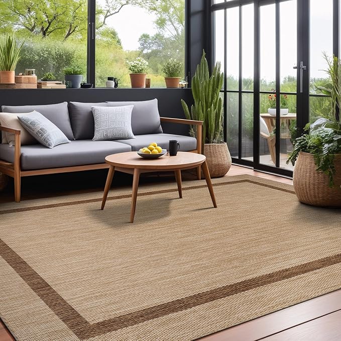 Bordered Outdoor Rug 5x7 Washable Outside Carpet for Indoor Patio Porch Waterproof Easy Cleaning Non Shedding Area Rugs Jute Beige - Nut Brown 5 x 7-Ruum Studio Home