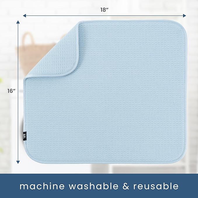 S&T INC. Dish Drying Mat, 16” x 18”, Absorbent Microfiber Kitchen Counter Mat, Dish Drying Pad for Dishes, Utensils, Pots and Pans, Large, Sky Blue-Ruum Studio Home