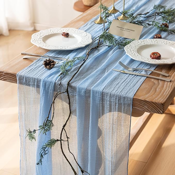 6pcs Light Blue Gauze Rustic Cheesecloth Table Runner 120 Inch 10 FT for Wedding Baby Shower Bridal Shower Birthday Engagement Garden Outdoor Party Long Sheer Boho Decorations-Ruum Studio Home