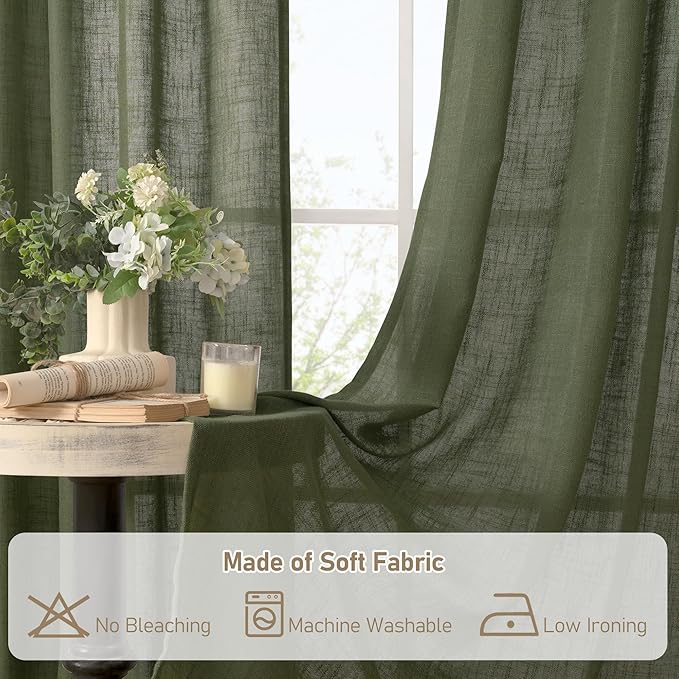 LAMIT Olive Green Linen Semi Sheer Curtains 45 Inch for Bedroom, Light Filtering Neutral Window Curtains Boho Bronze Grommet Christmas Decor Panels, 2 Panels, 52 x 45 Inch-Ruum Studio Home