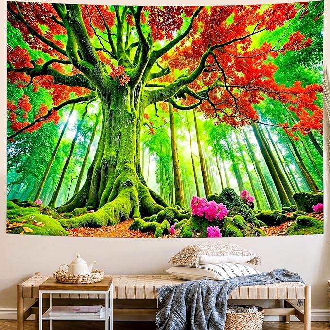 Delur Forest Tapestry Tree of Life Green Landscape Rainforest Wall Hanging Tapestry Colorful Mystical Nature Spiritual Psychedelic Headboard for Bedroom Living Room Home Decor (51.2" x 59.1")-Ruum Studio Home
