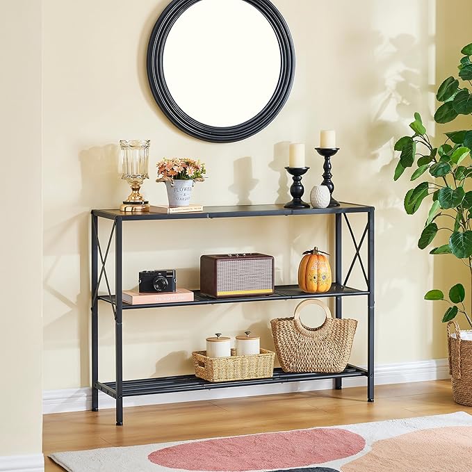 Hoctieon Industrial Console Table, 3 Tier Entryway Table, Hallway Table, Narrow Sofa Table with Shelves, Entrance Table for Entryway, Rustic Brown&Black-Ruum Studio Home
