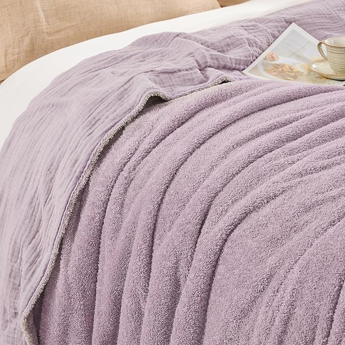 EMME Muslin and Fleece Twin Blanket Reversible - 60"*80" Lavender Soft Warm Throw Blankets for Couch Bed Picnic Travel Bed-Ruum Studio Home