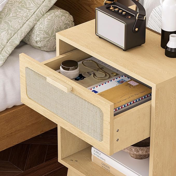 Rattan Nightstand with Opening Storage,Boho Bedside Table with Drawer,Wood Nightstand with Solid Wood Legs,End Side Table for Living Room,Bedroom,Small Space Natural CTG62Y-Ruum Studio Home