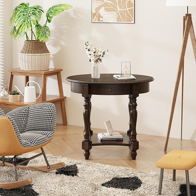 MODERION Oval End Table with Drawer, Solid Wood Sofa Side Table with Storage Shelf, Traditional Living Room Corner Table, Nightstand, Easy Assembly 28” x 22” x 24” Retro Walnut CJZ2233DC-Ruum Studio Home