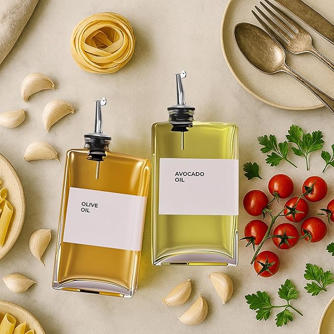 Olive Oil Dispenser Bottle - Includes 44 Kitchen Essential Labels - Cooking Oil Bottles for Kitchen, Coffee Syrup Dispenser - Pourer Spout with 11.8 fl oz Glass Container Cruet - 4pcs Silver