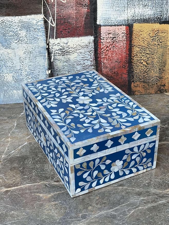 Decorative Storage Box Of Mother Of Pearl Inlay Floral Design Wooden Storage Box For Home Decoration For Living Dining & Bedroom (Navy Blue_12x8x5 inch)-Ruum Studio Home