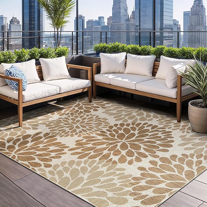 Beverly Rug Outdoor Rug 10x14 Modern Exotic Tropical Leaf Area Rugs for Indoor and Outdoor Patio Deck Porch Garden Water Resistant Washable Outside Carpet (10 x 14 Beige)-Ruum Studio Home
