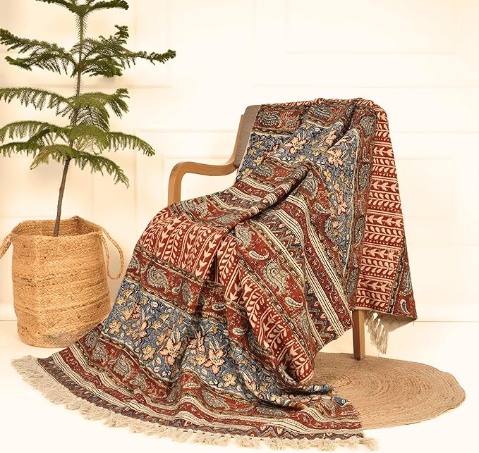 Handmade Cotton Floral Throw Blanket | Indian Block Print with Tassels | Boho Fringed Sofa & Bed Cover | 48x70 Inches Lightweight Decorative Throw for Couch, Living Room & Bedroom-Ruum Studio Home
