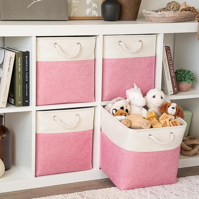 OrganiHaus 13x13 Cube Storage Bins 4 Pack, Foldable Cube Storage Organizer w/ Rope Handles, Collapsible Fabric Bins for Toys, Clothes & Closet Organization, Fabric Square Baskets - Pink/White-Ruum Studio Home