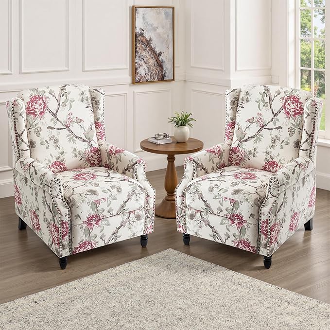UIXE Recliner Chairs Set of 2, Fabric Armchair Upholstered Pushback Accent Chair for Living Room, Rivet Trim Club Chair Home Theater Single Sofa Bedroom Side Reading Seat - Beige Floral-Ruum Studio Home