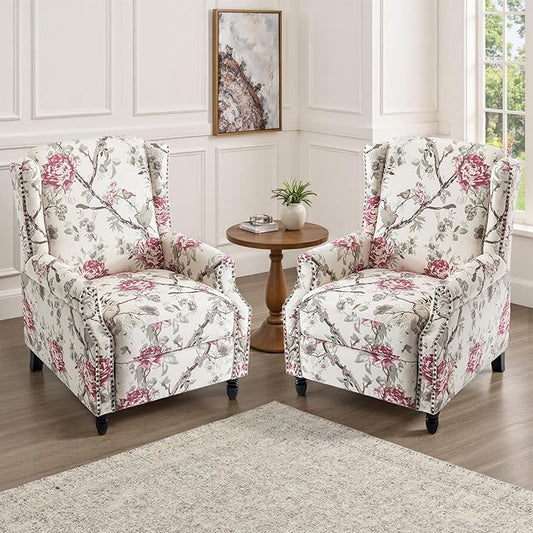 UIXE Recliner Chairs Set of 2, Fabric Armchair Upholstered Pushback Accent Chair for Living Room, Rivet Trim Club Chair Home Theater Single Sofa Bedroom Side Reading Seat - Beige Floral-Ruum Studio Home