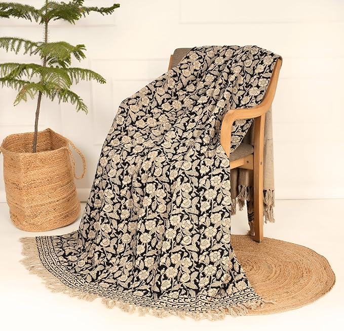 Handmade Cotton Throw Blanket, Floral Block Print, Black and Beige Wrap, 47x71 inches Decorative Woven Throw with Tassels-Ruum Studio Home