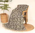 Handmade Cotton Throw Blanket, Floral Block Print, Black and Beige Wrap, 47x71 inches Decorative Woven Throw with Tassels-Ruum Studio Home