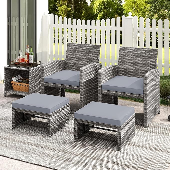 Tangkula 2 Pieces Patio PE Rattan Ottomans, Multipurpose Outdoor Footstool Footrest Additional Seating Side Table with Soft Zippered Cushions for Deck, Garden, and Yard (Gray)-Ruum Studio Home