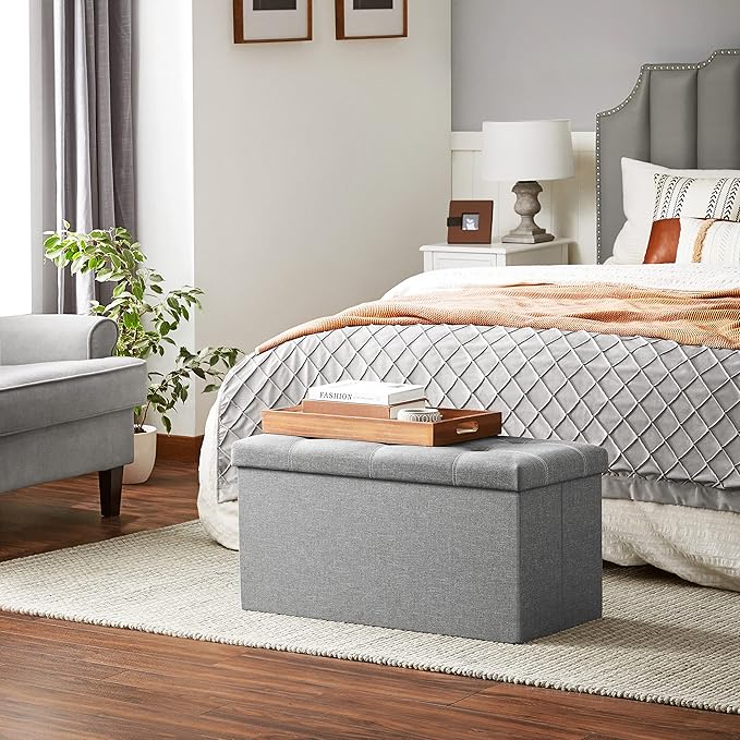 SONGMICS MAZIE Collection - 30 Inches Ottoman Storage Bench, 21 Gal. Folding Chest with Breathable Linen-Look Fabric, Load up to 660 lb, for Entryway, Living Room, Bedroom, Light Gray ULSF001G02-Ruum Studio Home
