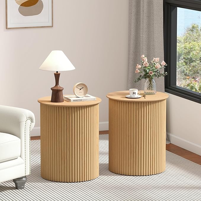AVZEAR Fluted Round Side Table, Small End Table Modern Boho Nightstands, Circle Bedside Tables Bohemian Accent Table Wood Night Stand for Small Spaces, Living Room, Bedroom(Natural)-Ruum Studio Home