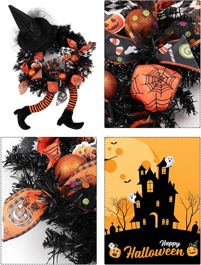 Happy Halloween Wreath for Front Door Decoration with Skeleton Artificial Bone Orange Ornaments Maple Leaf for Party Decor (Halloween Orange)-Ruum Studio Home