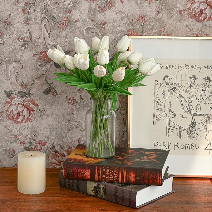 Mandy's Artificial Tulips 60 Stems White PU Faux Flowers for Wedding Home Decor 13.5 Inch-Ruum Studio Home