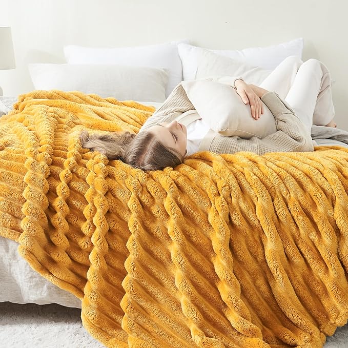 NEWCOSPLAY Super Soft Throw Blanket Mustard Yellow Premium Silky Flannel Fleece 3D Ribbed Jacquard Lightweight Bed Blanket All Season Use (Mustard Yellow Ribbed, Throw(50"x60"))-Ruum Studio Home