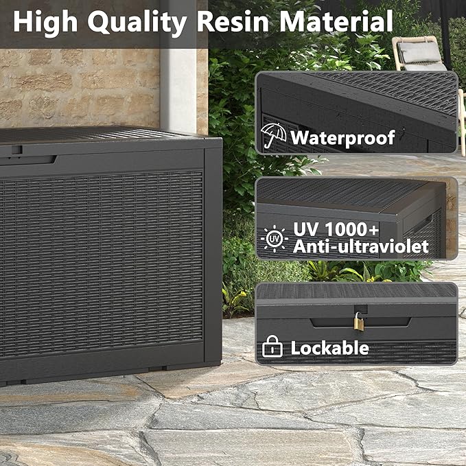 100 Gallon Deck Box Lockable Resin Outdoor Storage Box waterproof Outdoor Container for Patio Furniture Cushions, Pillow-Ruum Studio Home