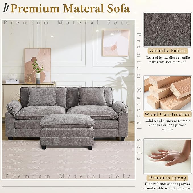 URRED Modular Sectional Sofa Comfy Cloud Couch, Modern Chenille Sofa Sleeper Deep Seat Couches with Ottoman/Pillows for Living Room (Gray, 82.6''- L Shape)-Ruum Studio Home