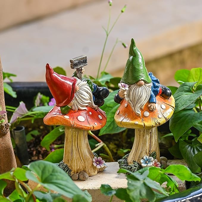 TERESA'S COLLECTIONS Resin Statues for Yard, Set of 2 Cute Garden Gnomes on Mushroom Statues for Outdoor Patio Porch Lawn, Ideal Gift for Dad Mom Birthday, Outside Decor Housewarming Gifts, 6.7"-Ruum Studio Home