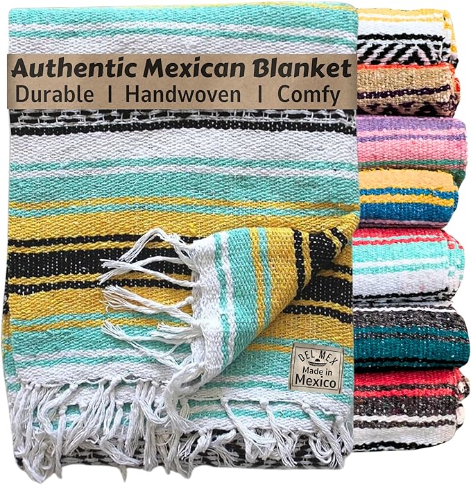 Del Mex Classic Mexican Blanket, Large Authentic Woven Falsa Throw (70"x50"), Artisan Southwest Décor for Beach, Yoga, Outdoors (Mint/Yellow)-Ruum Studio Home