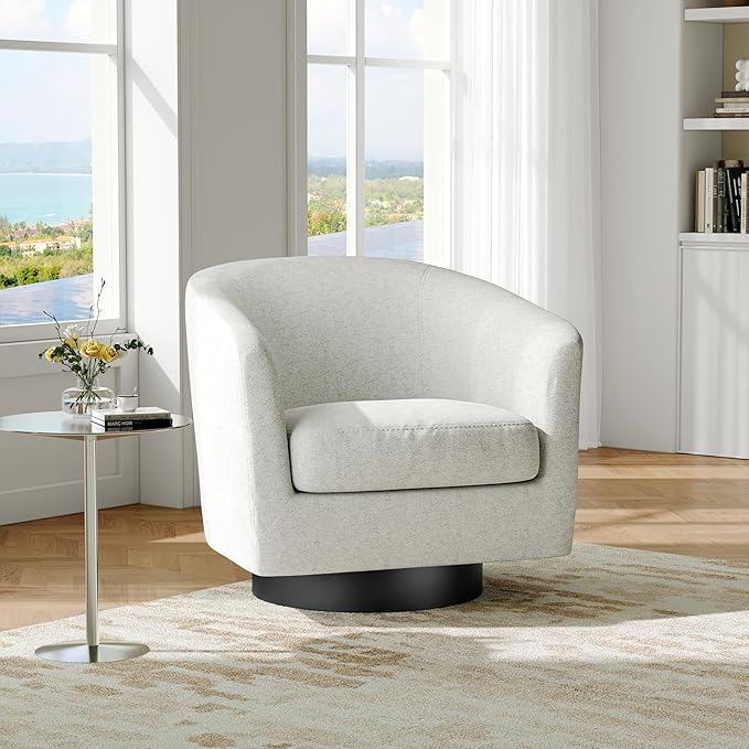 Swivel Barrel Accent Chair, Modern Round Chenille Fabric Arm Chair for Living Room, Bedroom, Comfy Club Reading Chairs for Adults（Chenille Fabric, Beige, Set of 1-Ruum Studio Home